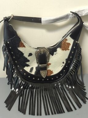 Women's Cow Print Boho Fringe Shoulder Bag